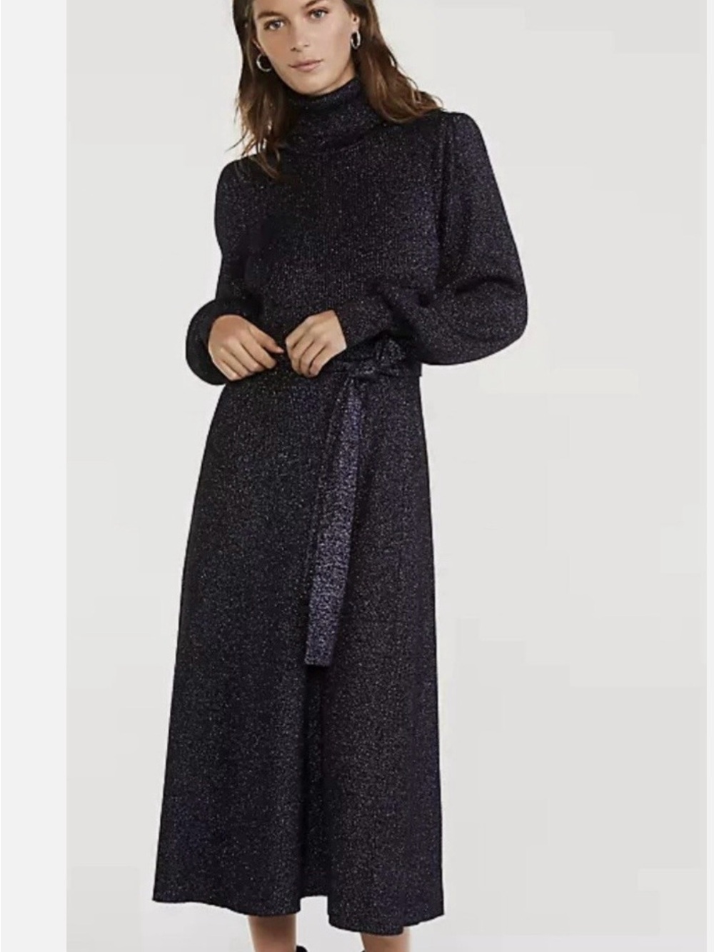 Ann Taylor Shimmer Turtleneck Long Sleeve Sweater Knit Midi Dress Size SP